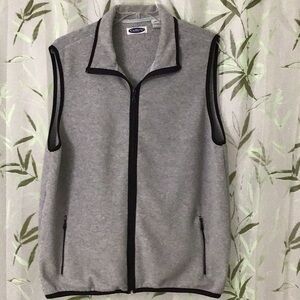 Cuffy’s Cozy Gray Sleeveless Fleece Vest with Black Trim.  Front zipper.